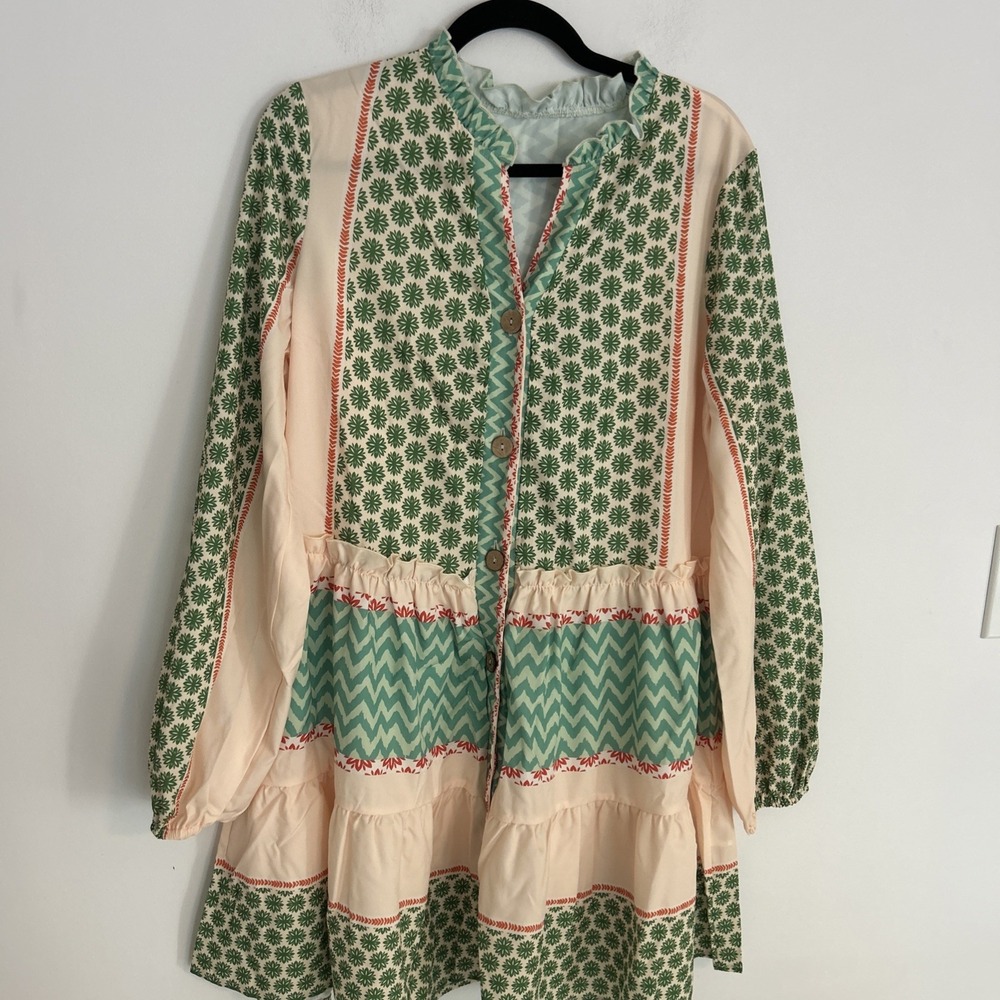 Women's‎ Size Large Long Sleeve Wood Button Up Peasant Boho Dress